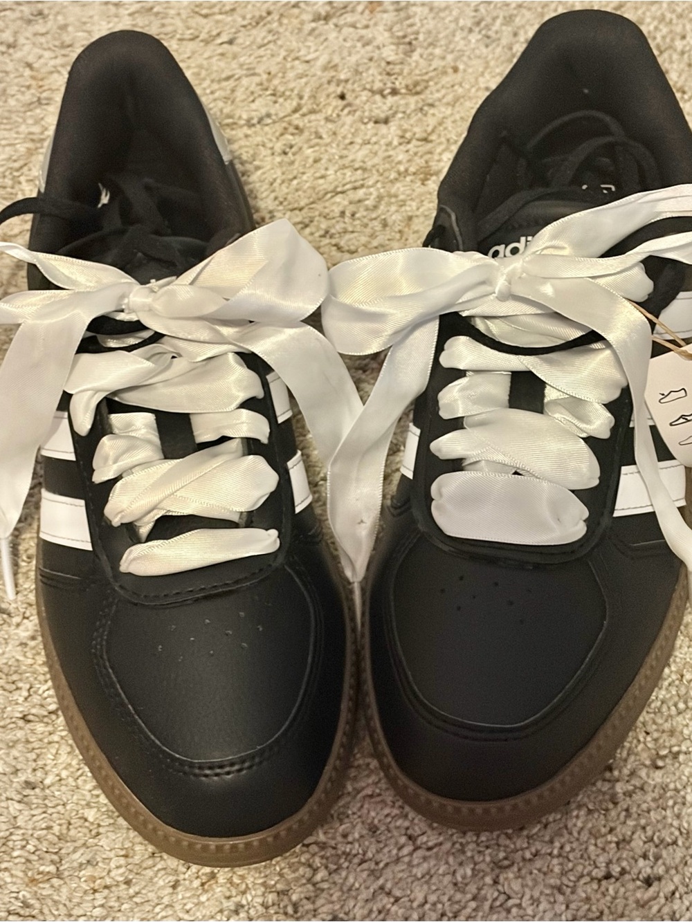 adidas Women's Black Sneakers with White Stripes and Ribbon Laces
